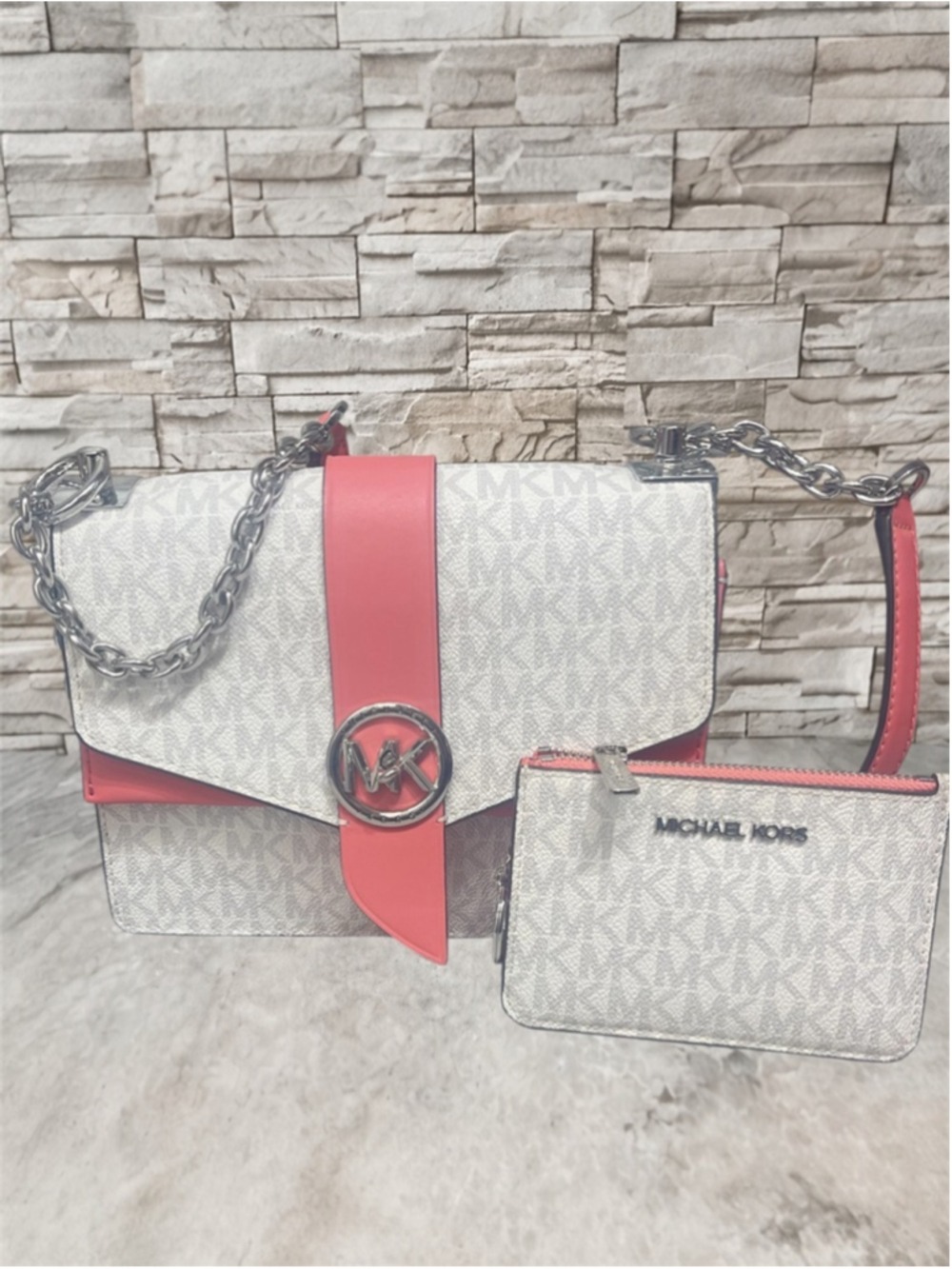 Michael Kors Greenwich Flap Crossbody & Matching Wallet Bright White Tea Rose